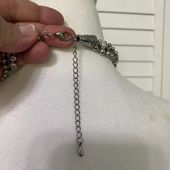 Vintage 70s Statement Necklace with Silver Toned & Faux Pearl Beads 34" #391 - Picture 5 of 5